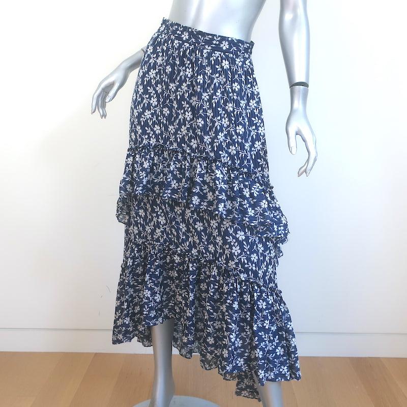 Ulla Johnson Maria Tiered Ruffle Midi Skirt Navy Floral Print Size 2 NEW