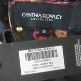 Cynthia Rowley Leather-Tie Sequined Top Black Floral Print Satin Size Small NEW