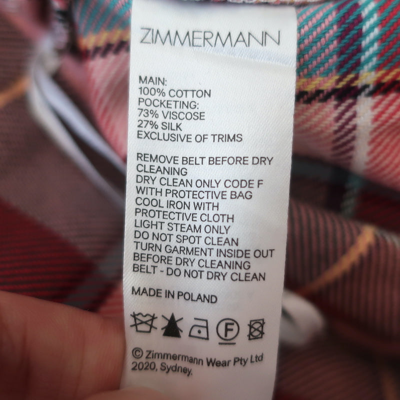 Zimmermann Lucky Belted Pants Pink Checked Cotton Size 0 NEW