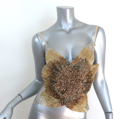 Cult Gaia Lance Open-Back Beaded Flower Top Gold Size Small