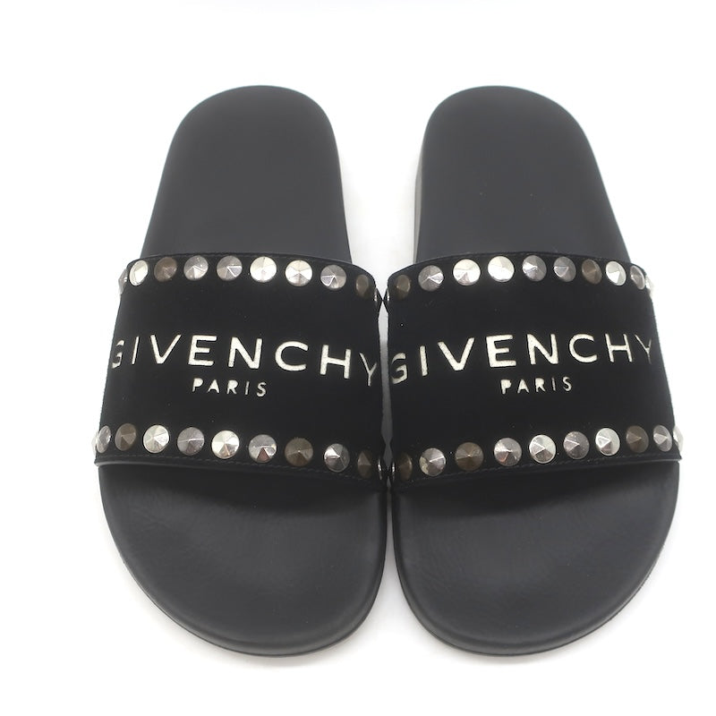 Givenchy Studded Suede Pool Slide Sandals Black Size 39