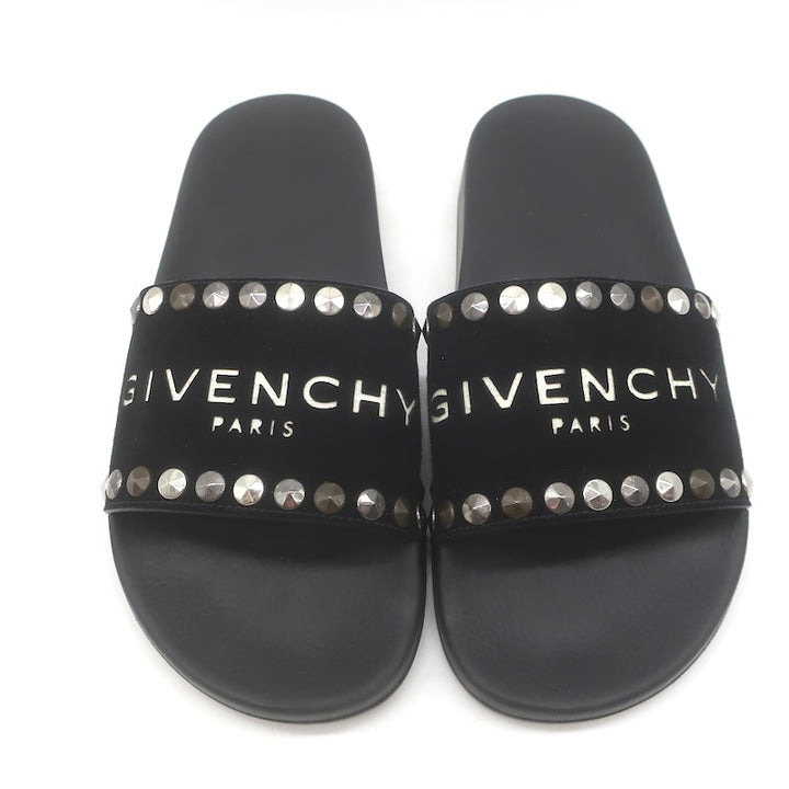 Givenchy Studded Suede Pool Slide Sandals Black Size 39