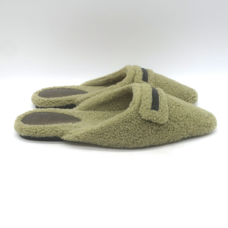 Brunello Cucinelli Monili-Trim Shearling Flat Mules Sage Size 37.5