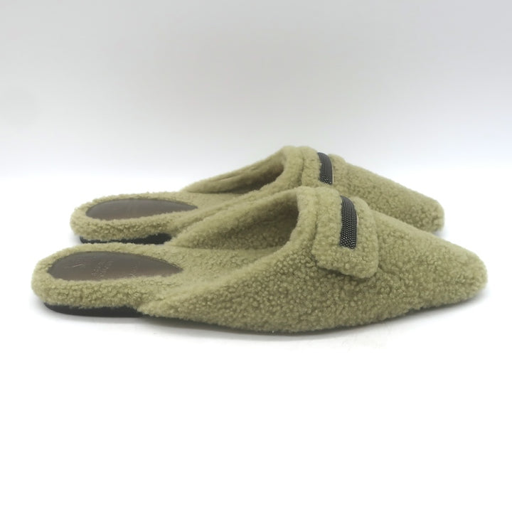 Brunello Cucinelli Monili-Trim Shearling Flat Mules Sage Size 37.5