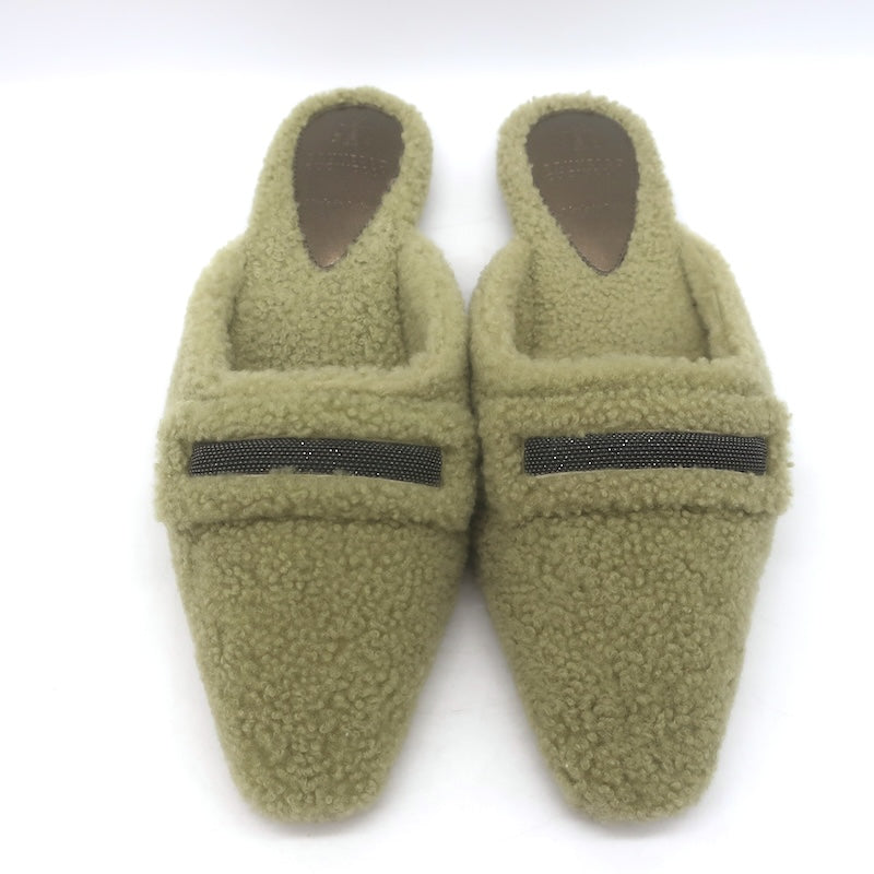 Brunello Cucinelli Monili-Trim Shearling Flat Mules Sage Size 37.5