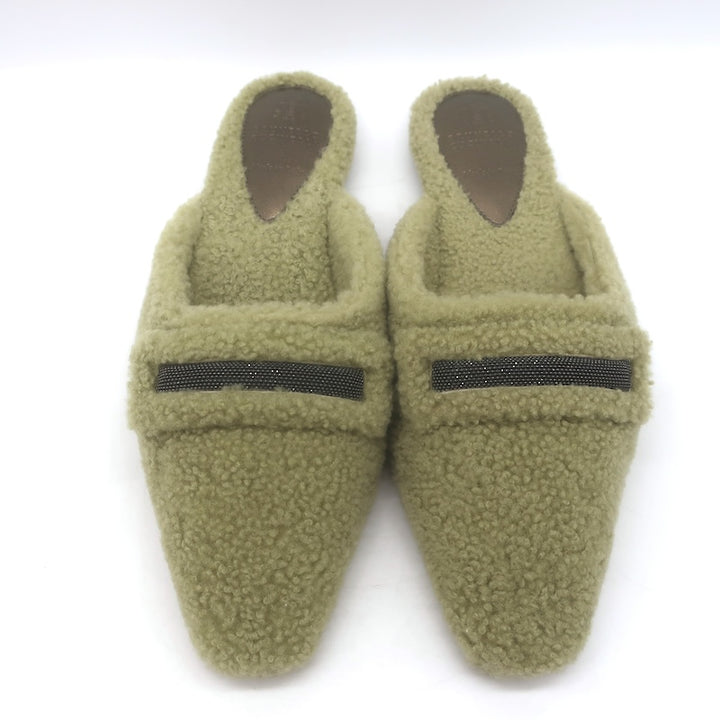 Brunello Cucinelli Monili-Trim Shearling Flat Mules Sage Size 37.5
