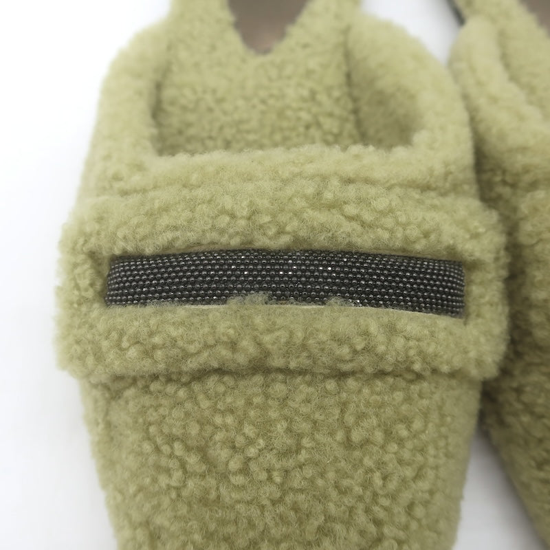 Brunello Cucinelli Monili-Trim Shearling Flat Mules Sage Size 37.5