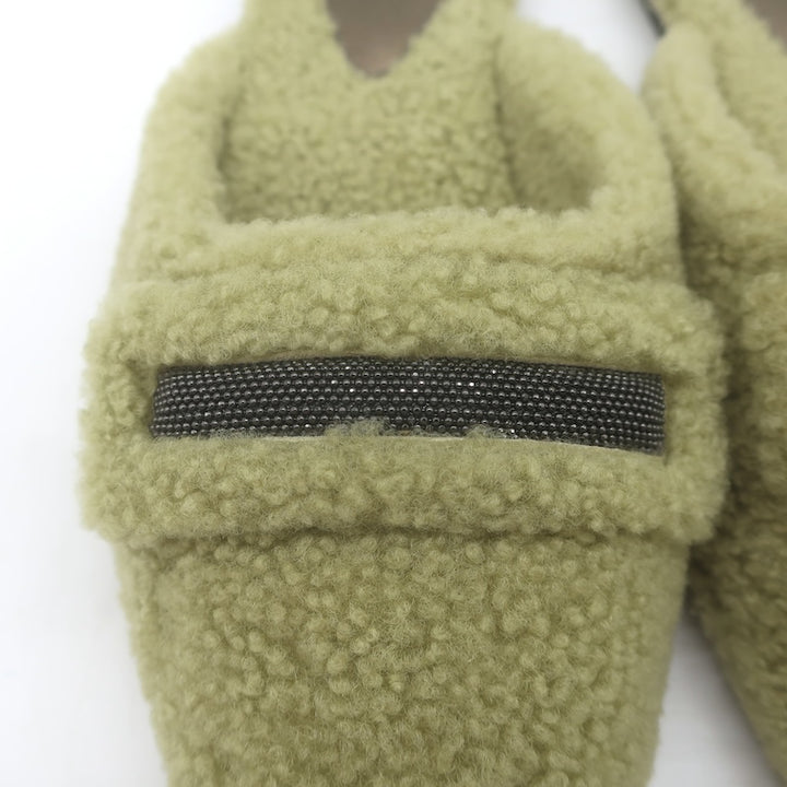 Brunello Cucinelli Monili-Trim Shearling Flat Mules Sage Size 37.5