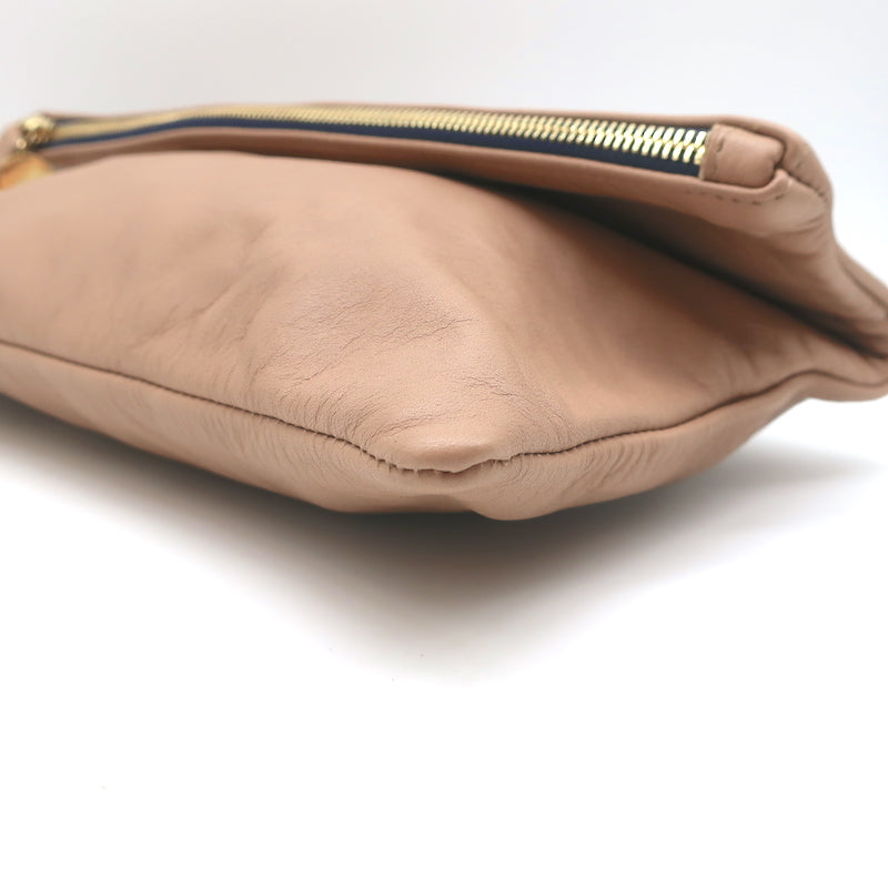 Clare V. Foldover Clutch Bag Beige Leather