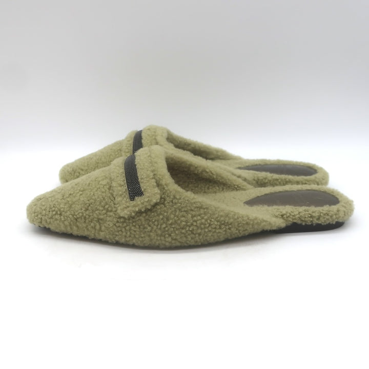Brunello Cucinelli Monili-Trim Shearling Flat Mules Sage Size 37.5