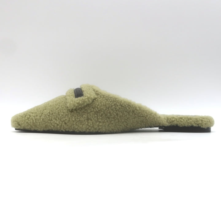 Brunello Cucinelli Monili-Trim Shearling Flat Mules Sage Size 37.5