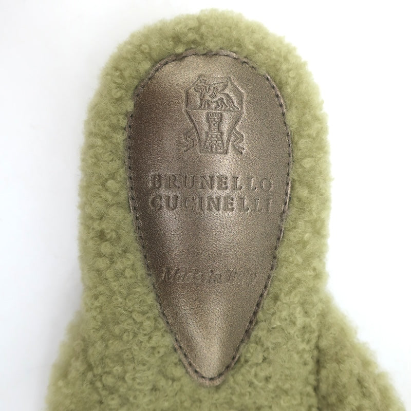 Brunello Cucinelli Monili-Trim Shearling Flat Mules Sage Size 37.5