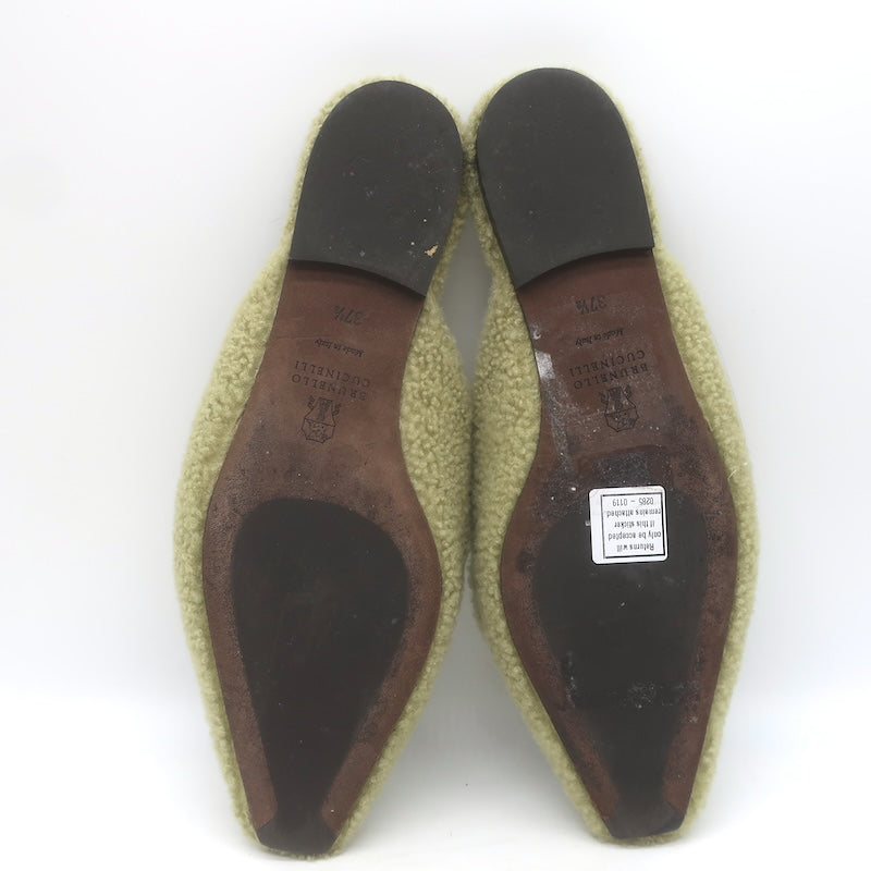 Brunello Cucinelli Monili-Trim Shearling Flat Mules Sage Size 37.5