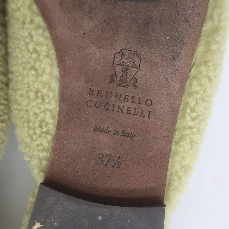Brunello Cucinelli Monili-Trim Shearling Flat Mules Sage Size 37.5