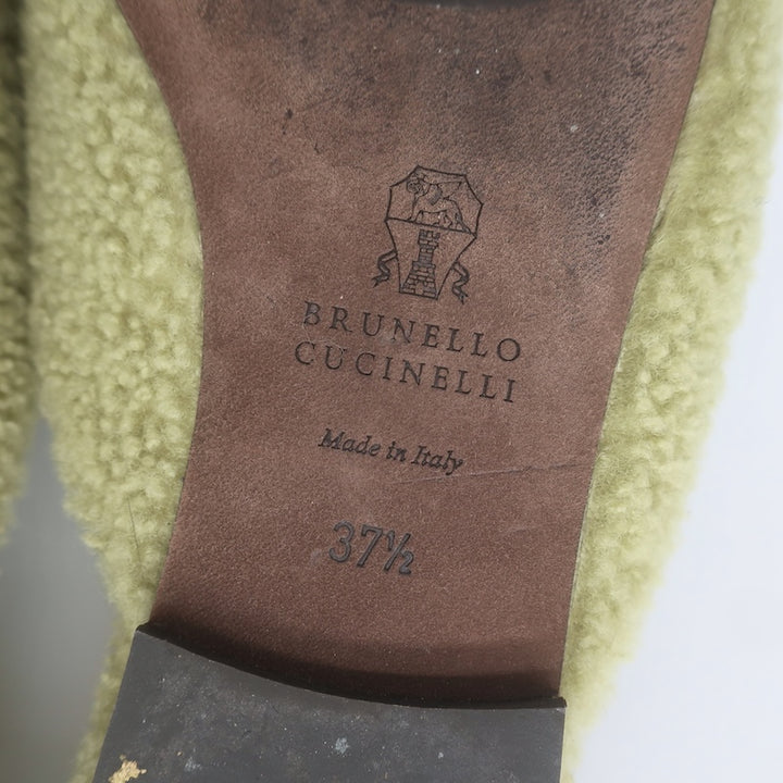 Brunello Cucinelli Monili-Trim Shearling Flat Mules Sage Size 37.5