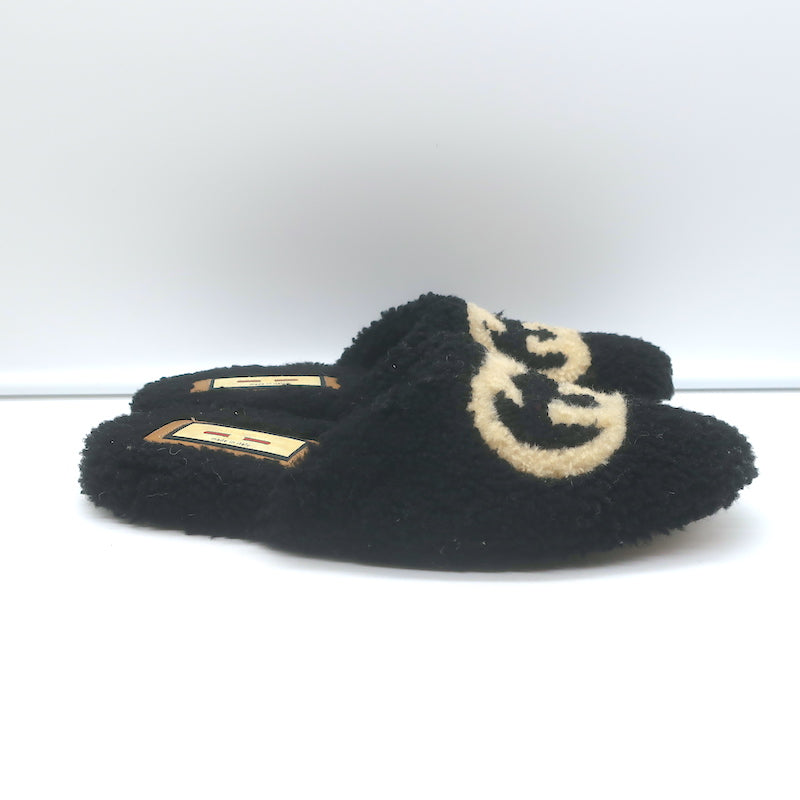 Gucci Eileen Interlocking GG Shearling Slippers Black Size 36.5 Flat Mules