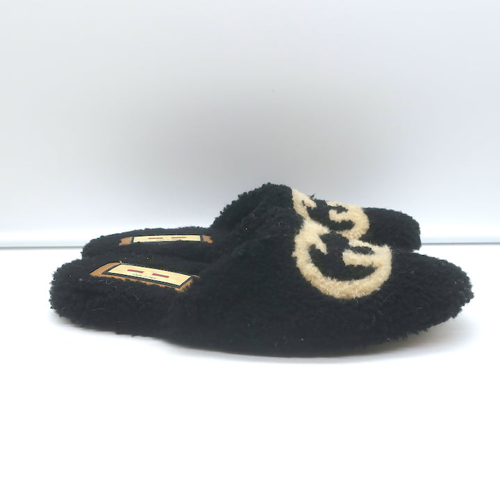 Gucci Eileen Interlocking GG Shearling Slippers Black Size 36.5 Flat Mules