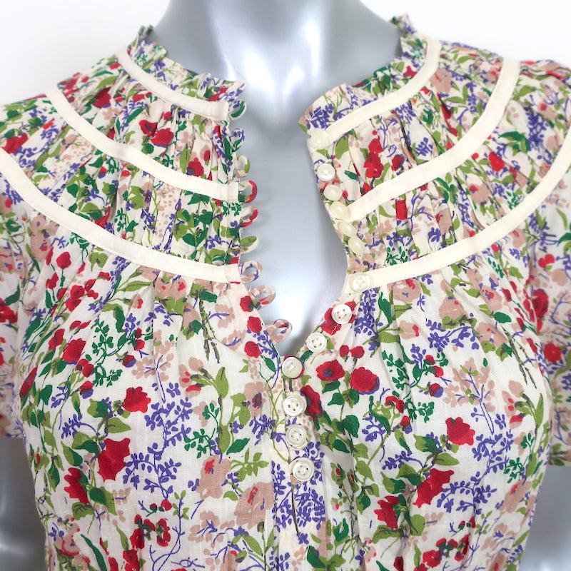 THE GREAT Midi Dress Cream/Multi Floral Print Cotton Size 0 Flutter Sleeve