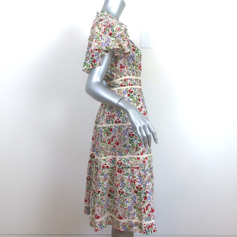 THE GREAT Midi Dress Cream/Multi Floral Print Cotton Size 0 Flutter Sleeve