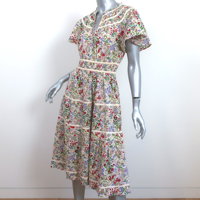 THE GREAT Midi Dress Cream/Multi Floral Print Cotton Size 0 Flutter Sleeve