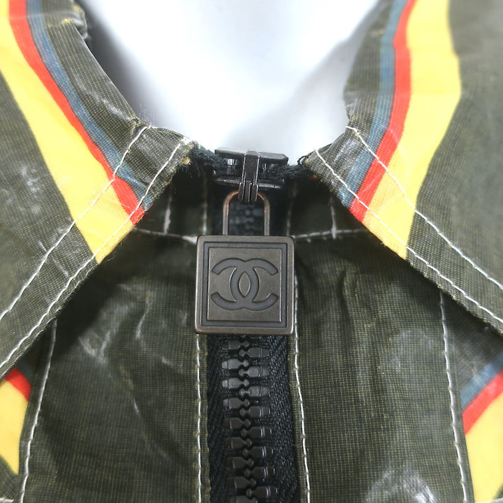 Chanel Striped Zip-Up  Waxed Rain Jacket Black &amp; Yellow Size 38