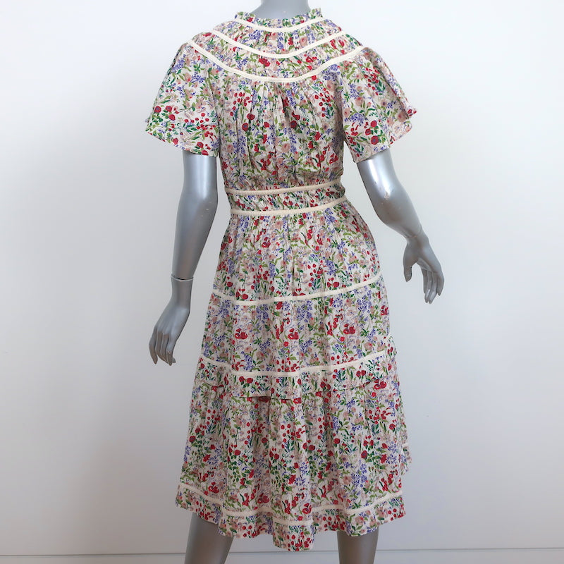 THE GREAT Midi Dress Cream/Multi Floral Print Cotton Size 0 Flutter Sleeve