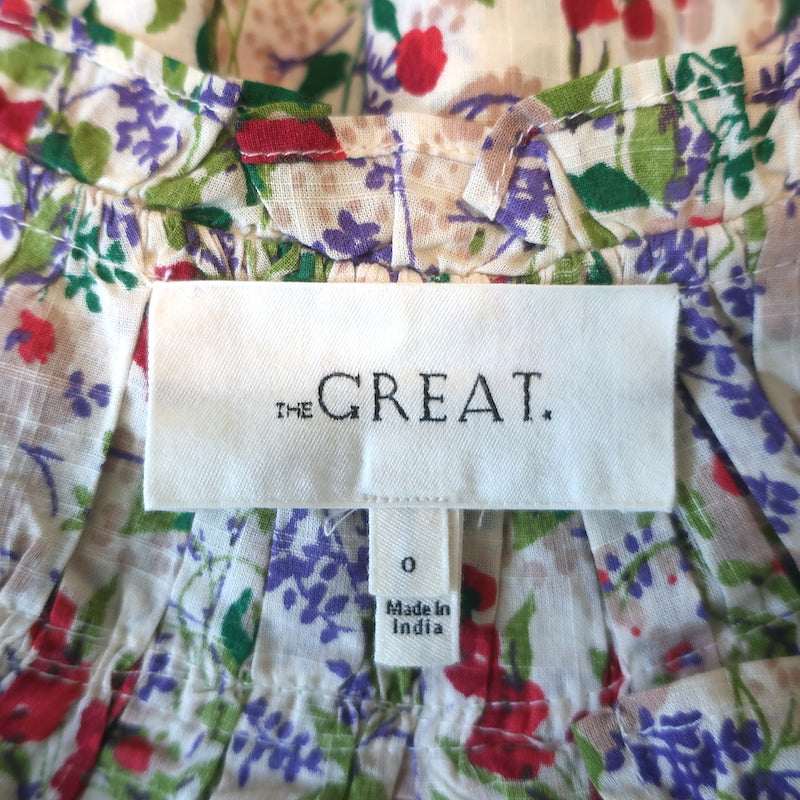 THE GREAT Midi Dress Cream/Multi Floral Print Cotton Size 0 Flutter Sleeve