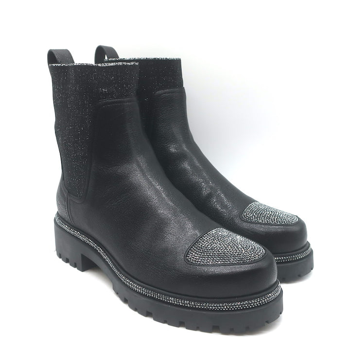 Rene Caovilla Crystal-Embellished Chelsea Boots Black Leather Size 39