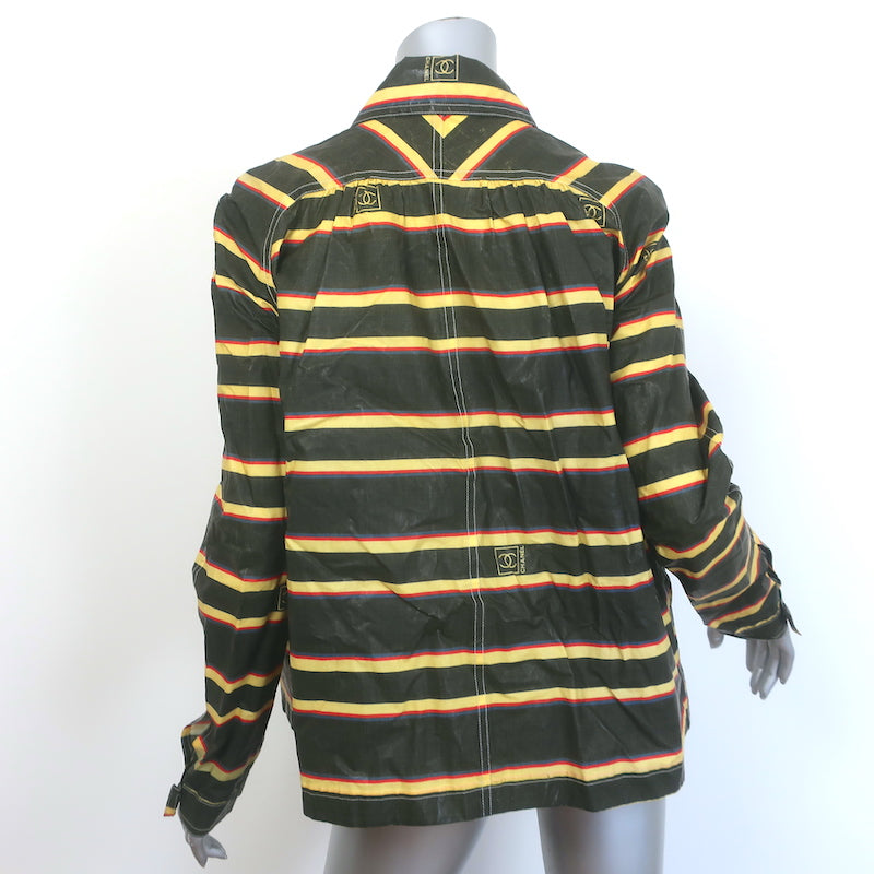 Chanel Striped Zip-Up  Waxed Rain Jacket Black &amp; Yellow Size 38
