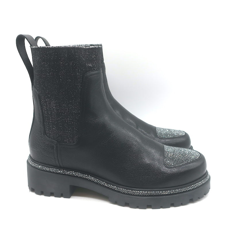 Rene Caovilla Crystal-Embellished Chelsea Boots Black Leather Size 39