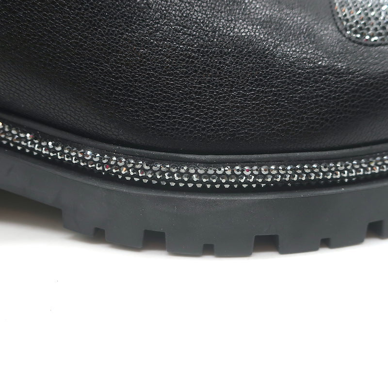 Rene Caovilla Crystal-Embellished Chelsea Boots Black Leather Size 39