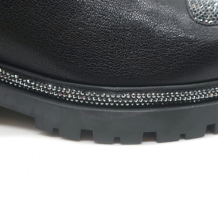 Rene Caovilla Crystal-Embellished Chelsea Boots Black Leather Size 39