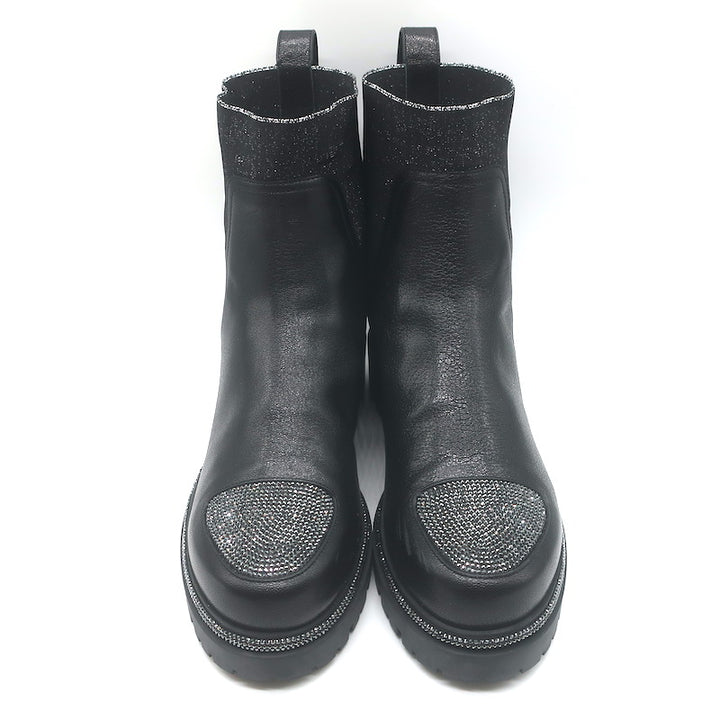 Rene Caovilla Crystal-Embellished Chelsea Boots Black Leather Size 39