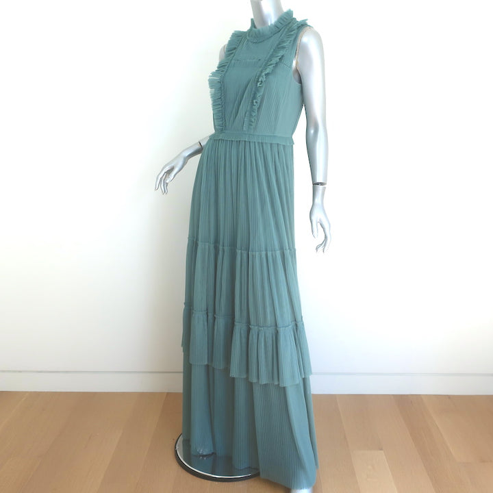 Burberry Pleated Tulle Sleeveless Maxi Dress Seafoam Size US 6
