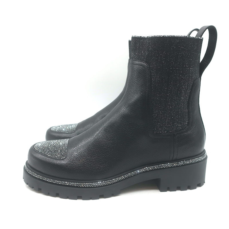 Rene Caovilla Crystal-Embellished Chelsea Boots Black Leather Size 39