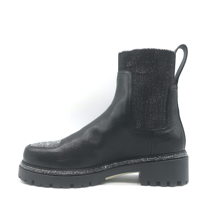 Rene Caovilla Crystal-Embellished Chelsea Boots Black Leather Size 39