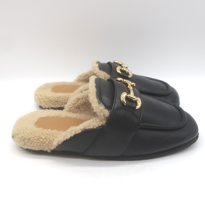 Gucci Shearling Horsebit Mules Black Padded Leather Size 38