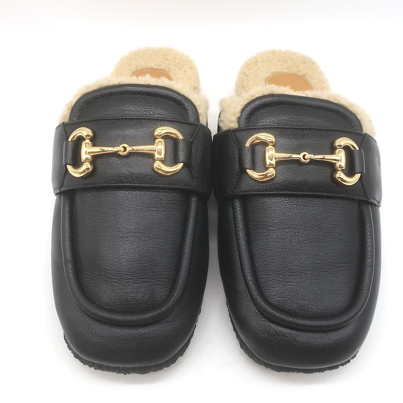Gucci Shearling Horsebit Mules Black Padded Leather Size 38