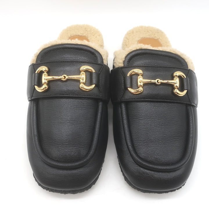 Gucci Shearling Horsebit Mules Black Padded Leather Size 38
