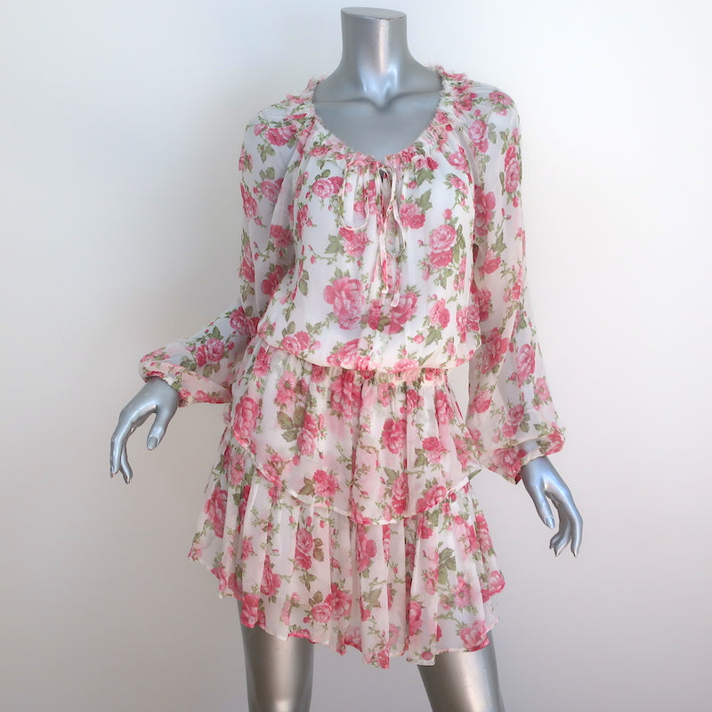 LoveShackFancy Tiered Mini Dress White/Pink Rose Print Chiffon Size Me – Celebrity Owned LoveShackFancy Tiered Mini Dress White/Pink Rose Print Chiffon Size Me – Celebrity Owned