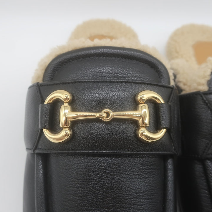 Gucci Shearling Horsebit Mules Black Padded Leather Size 38