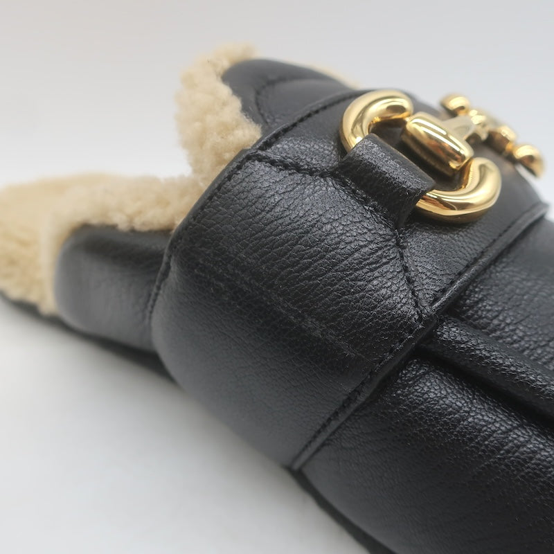 Gucci Shearling Horsebit Mules Black Padded Leather Size 38