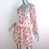 LoveShackFancy Tiered Mini Dress White/Pink Rose Print Chiffon Size Medium
