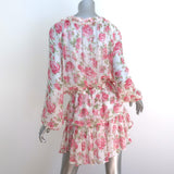 LoveShackFancy Tiered Mini Dress White/Pink Rose Print Chiffon Size Medium