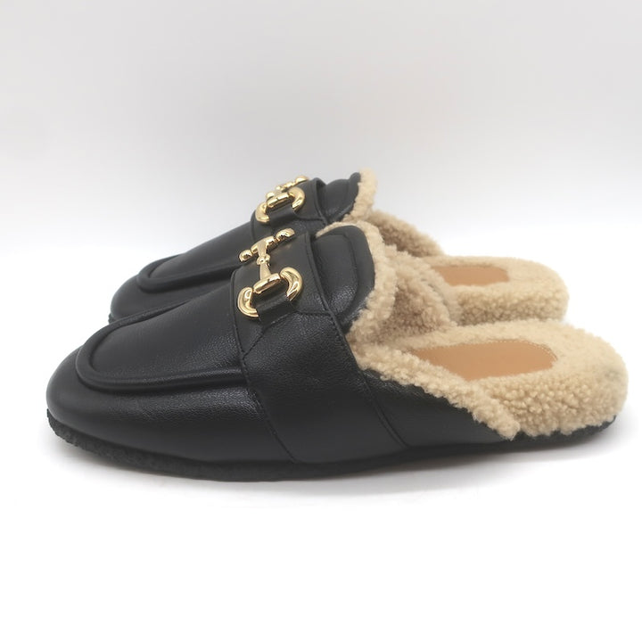 Gucci Shearling Horsebit Mules Black Padded Leather Size 38
