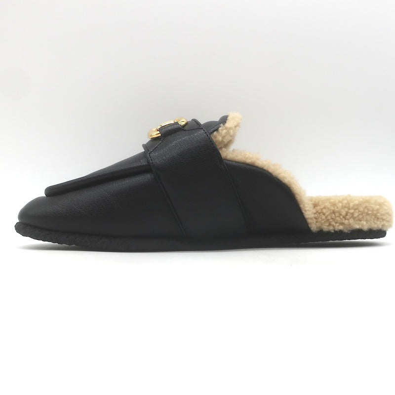 Gucci Shearling Horsebit Mules Black Padded Leather Size 38