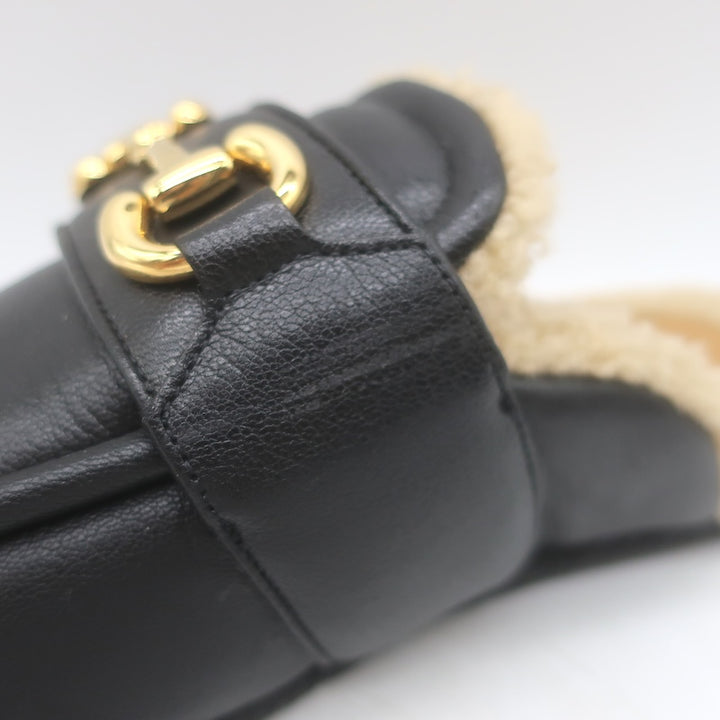 Gucci Shearling Horsebit Mules Black Padded Leather Size 38