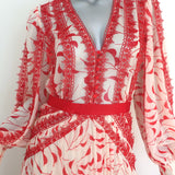 Self-Portrait Crescent Guipure Lace-Trim Chiffon Maxi Dress Cream/Red Size 4