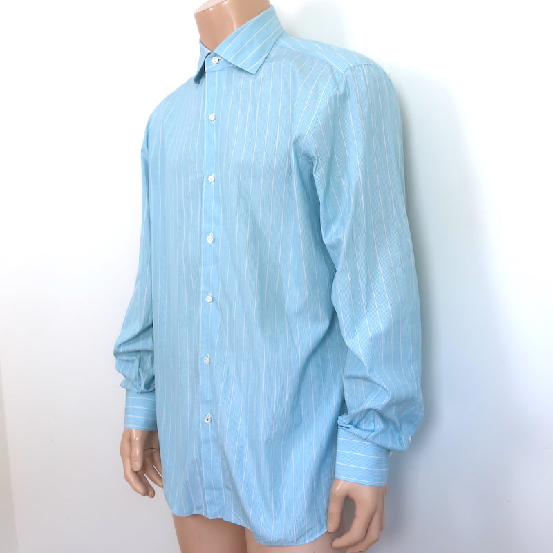 Isaia Striped Button Down Shirt Blue/White Cotton Size 41 - 16