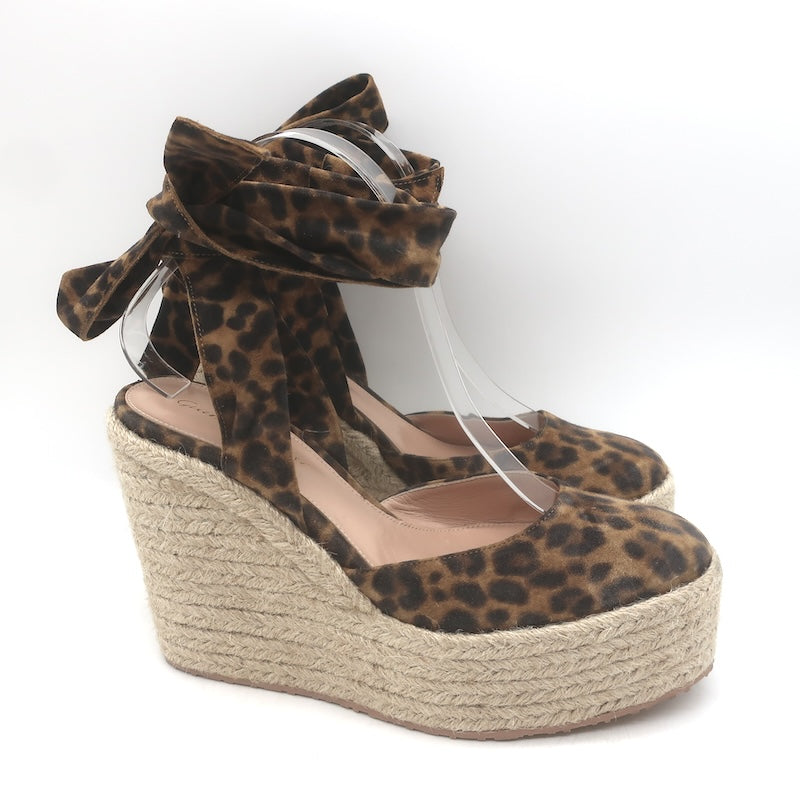 Gianvito Rossi Arenella Leopard Print Espadrille Wedge Sandals Brown Size 38.5